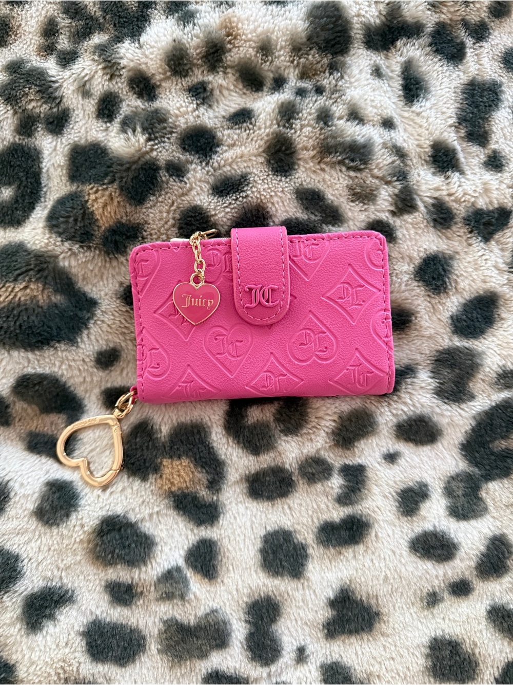 Juicy Couture Bright Pink Embossed Card Holder with Gold Heart Charm